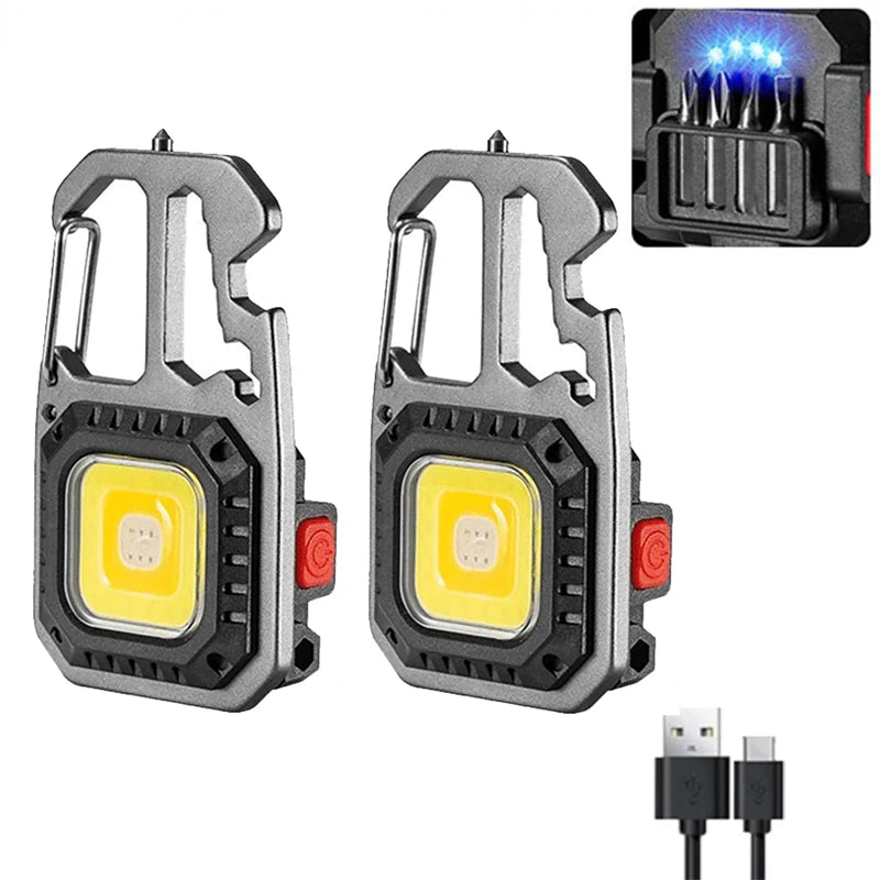 Linterna de trabajo portátil Mini LED tipo llavero Linterna de bolsillo recargable por USB Lámpara de camping al aire libre con martillo rompeventanas abridor de botellas