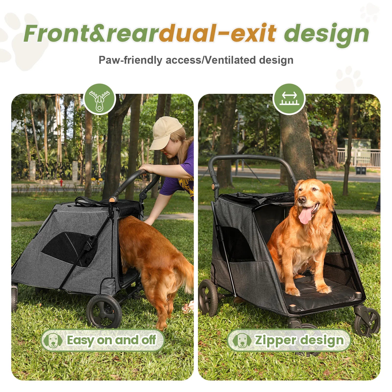 Cochecito para mascotas grandes, hasta 30 kg, manillar ajustable, silla de paseo plegable para perros, almacenamiento XXL, cochecito doble para gatos