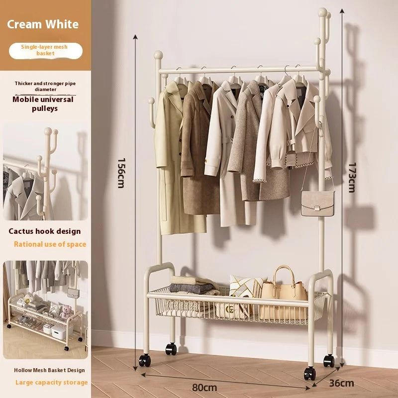 Perchero de pie metálico color crema con ruedas para ropa, sombreros, bolsos, organizador para dormitorio, entrada, pasillo, muebles para el hogar