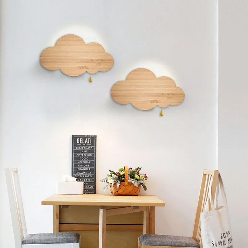 Lámpara de pared de nube con vetas de madera e interruptor regulador de intensidad LED, luz de pared para habitación infantil, guardería, dormitorio, lámparas de pared junto a la cama