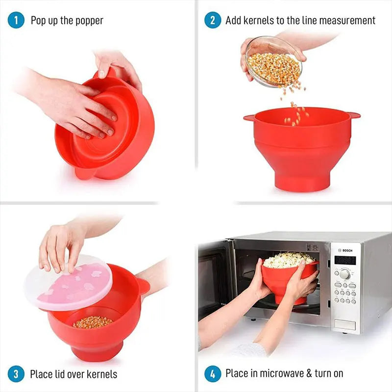 Palomitero de microondas de silicona sin BPA, recipiente plegable para palomitas de maíz, apto para microondas, con tapa, apto para lavavajillas