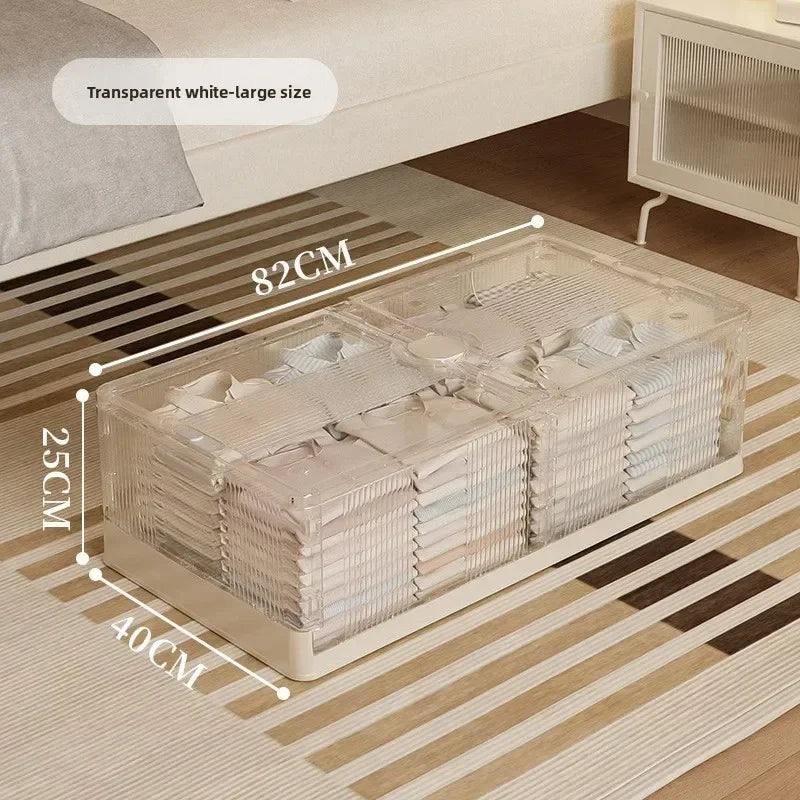 Caja de almacenamiento plegable debajo de la cama. Caja de almacenamiento transparente de plástico extragrande con ruedas a prueba de polvo. Caja organizadora de ropa y edredones.