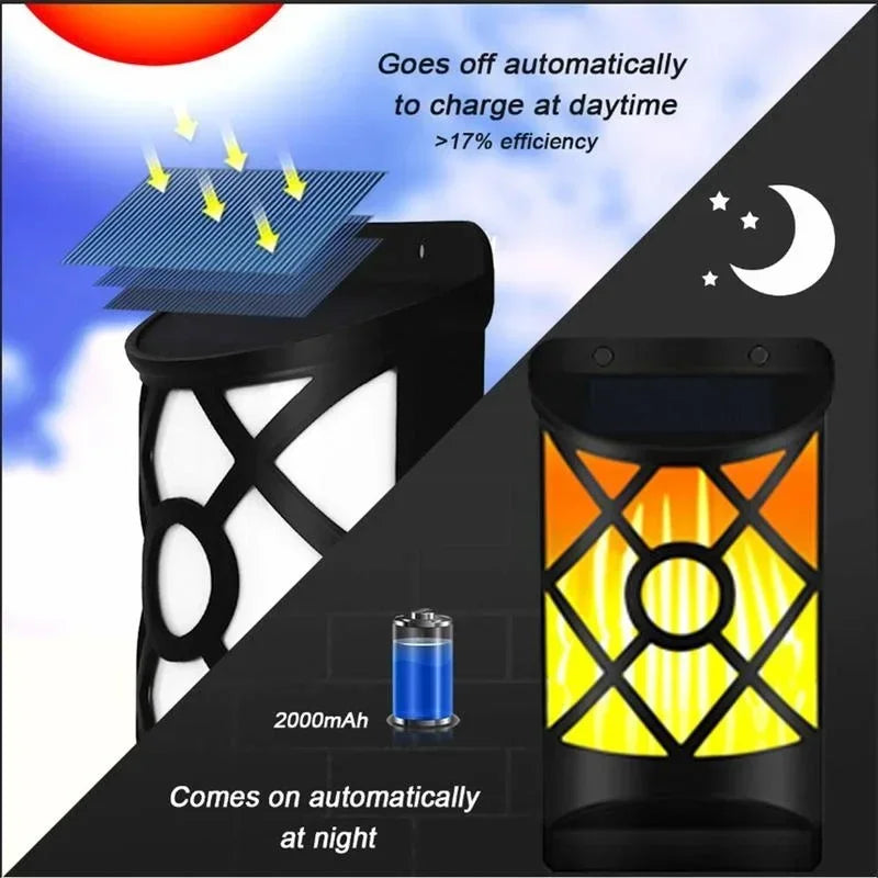 96 luces solares LED con efecto llama para exteriores, diseño de celosía para jardín, sendero, patio, decoración navideña, luces de pared impermeables con efecto de llama parpadeante