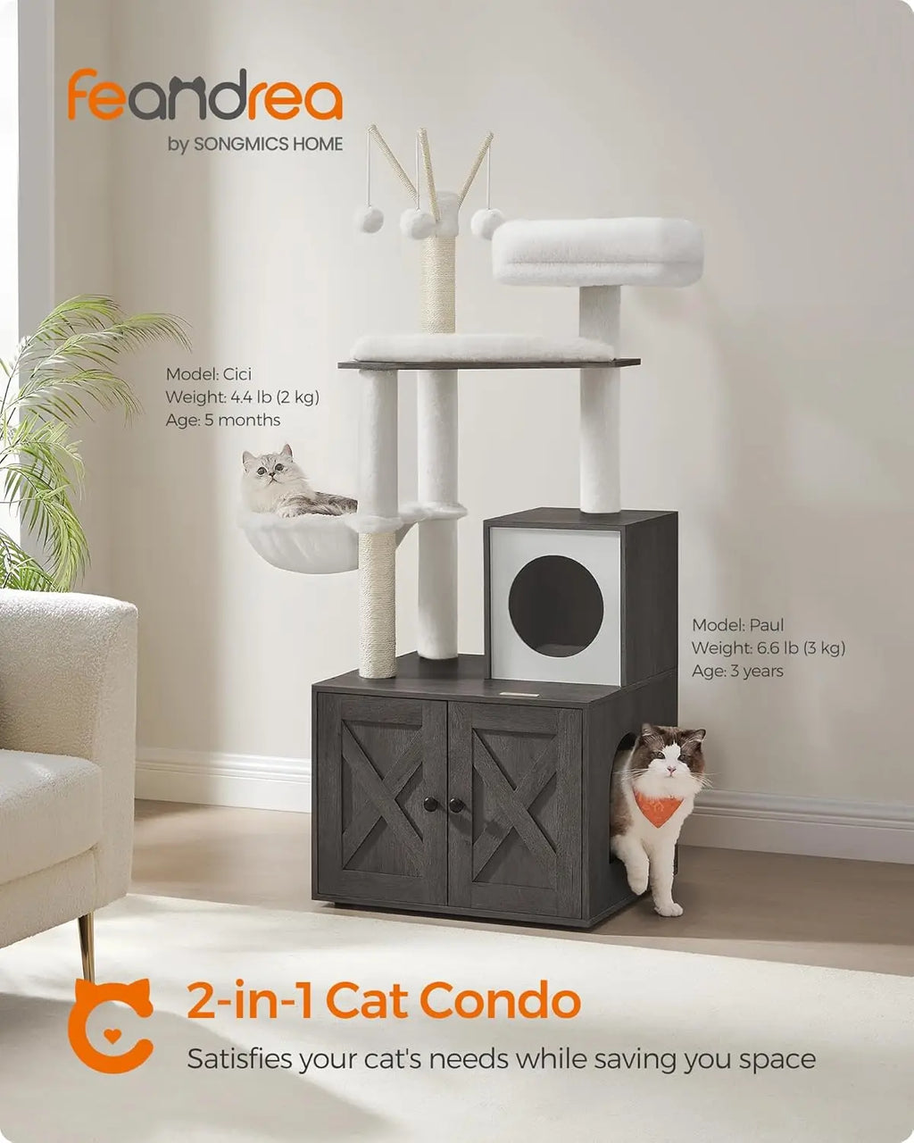 Árbol para gatos con arenero oculto, torre moderna para gatos de 59 pulgadas, condominio 2 en 1 con postes rascadores, cojín extraíble lavable