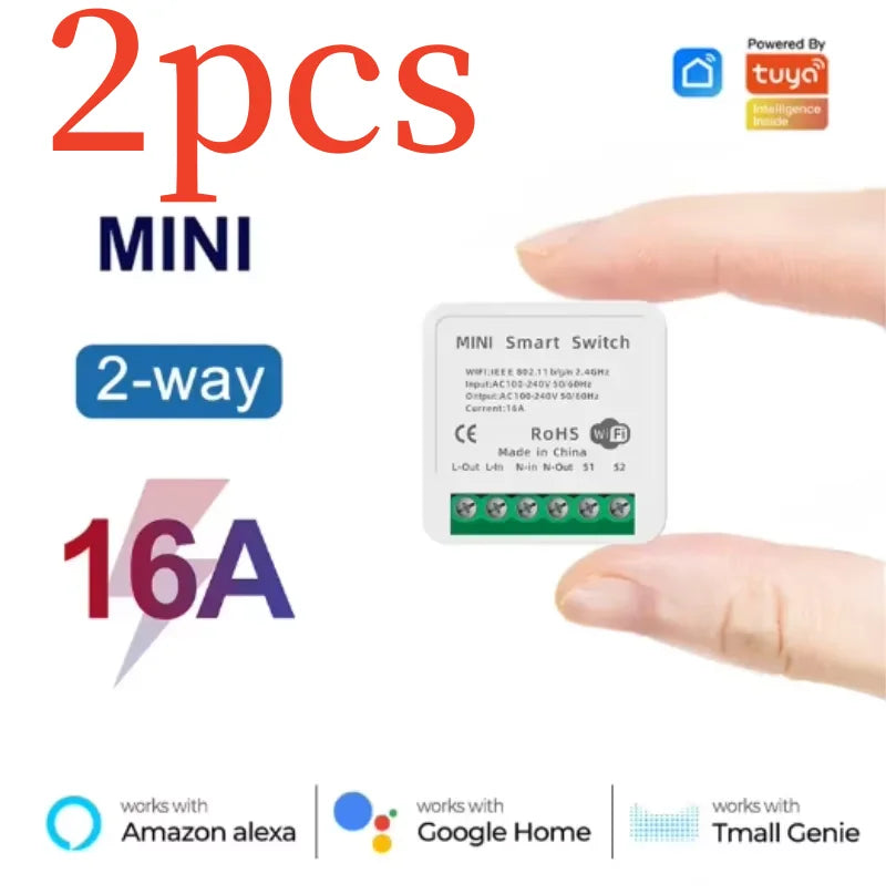 Tuya Mini Interruptor WiFi de 16A, Módulo de Automatización de Casa Inteligente, Control de 2 Vías con App Smart Life, Funciona con Alexa y Google Home