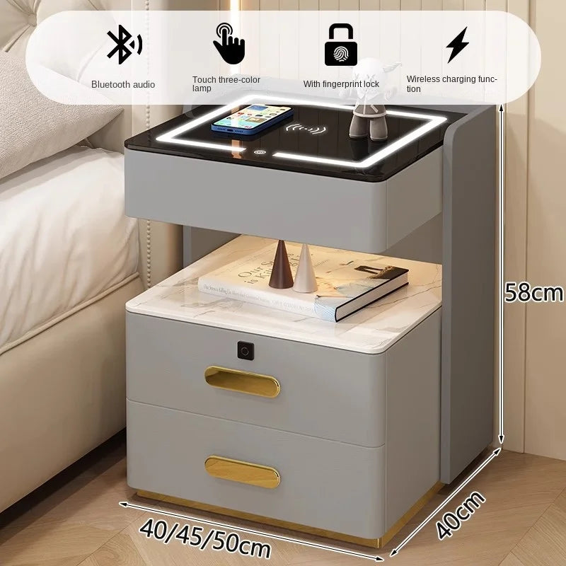 Mesita de noche inteligente con luz de sensor, cerradura de huella dactilar, altavoz Bluetooth, interfaz USB, carga inalámbrica para dormitorio