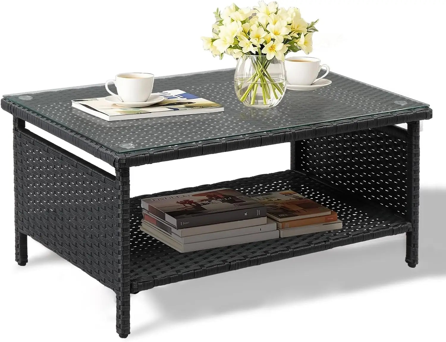 Mesa de centro de mimbre para exteriores, mesas de centro de patio para exteriores, mesa de mimbre con parte superior de vidrio templado con mesa de centro de almacenamiento para patio