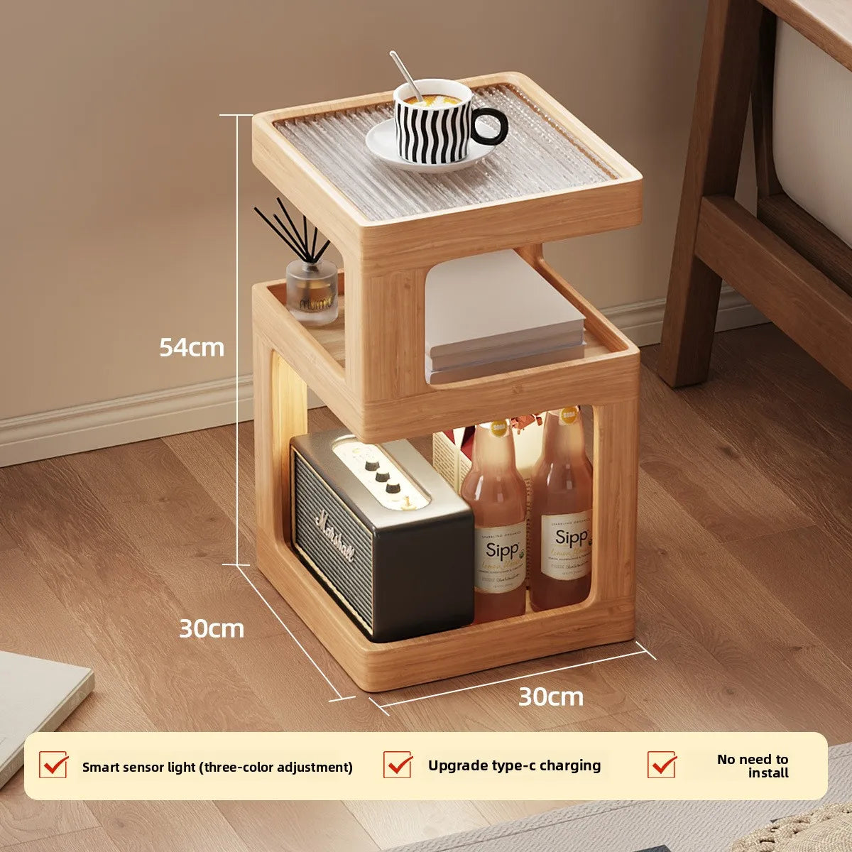 Mesita de noche de madera maciza, almacenamiento de mesita de noche para dormitorio, borde de sofá para el hogar