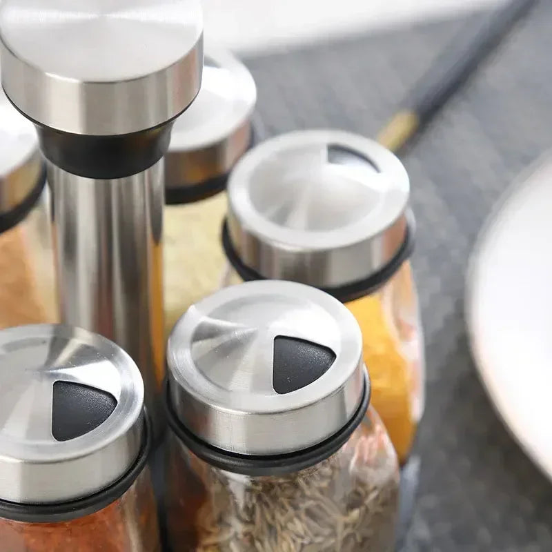 NUEVO Bote de Cristal de una Sola Botella y Juego de Frascos de Especias con Soporte de Almacenamiento para Botellas de Condimentos, Azúcar, Pimienta y Saleros para la Cocina
