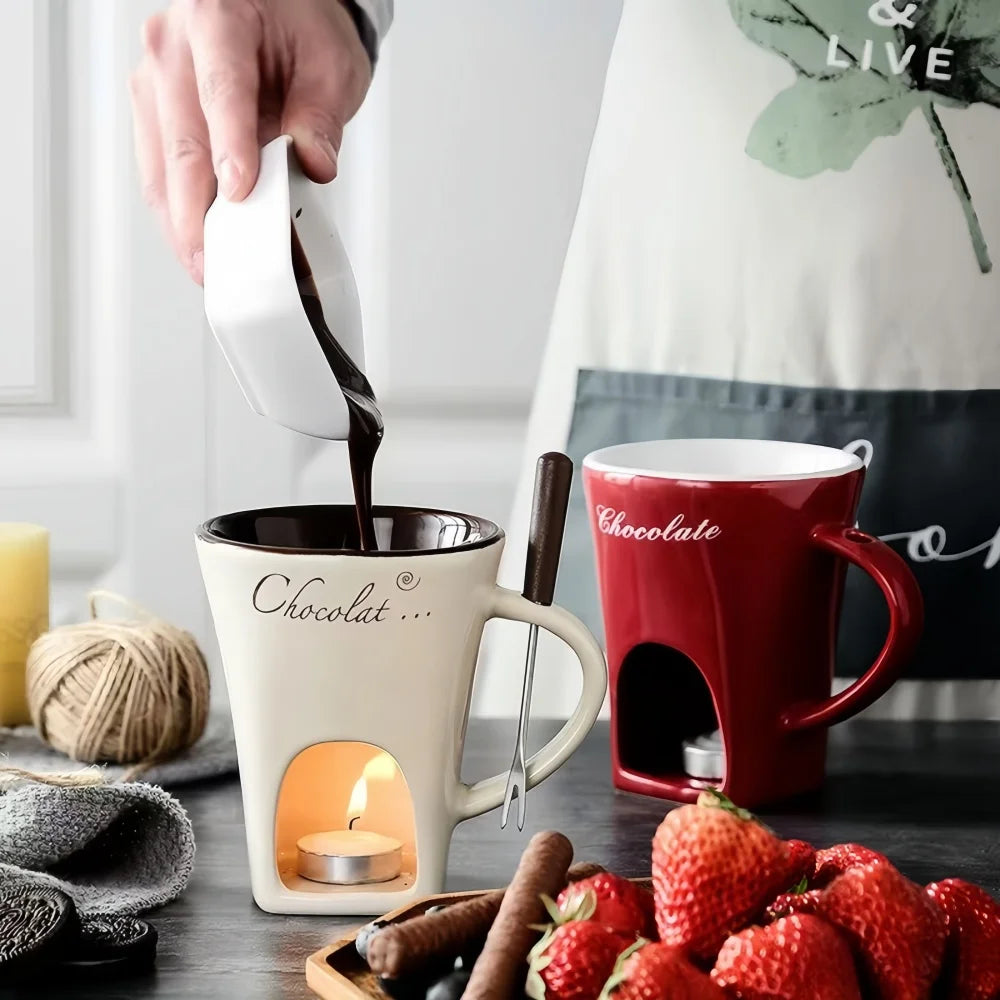 Juego de cuencos de cerámica reutilizables resistentes al calor para fondue de chocolate, para helado, queso, regalo de San Valentín, con tenedor, vela no incluida