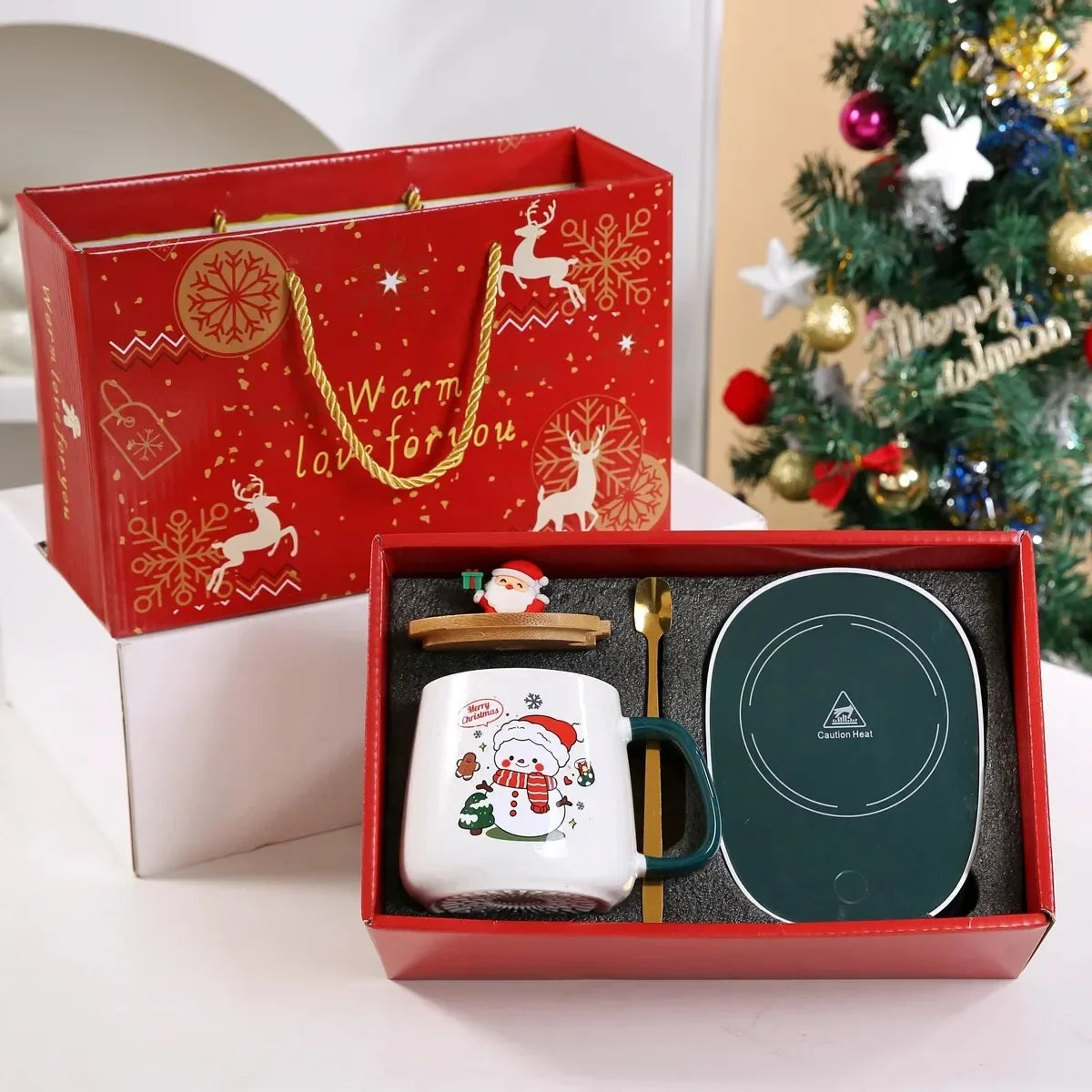 Juego de regalo de Navidad y Año Nuevo: taza con termostato de 55 ℃, taza de cerámica de muñeco de nieve con tapa y cuchara, tazas de café para el hogar o la oficina