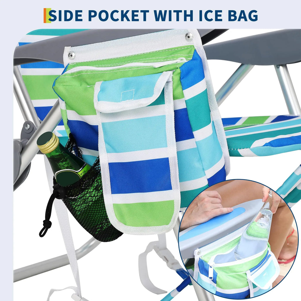 Paquete de 2 sillas de playa altas con mochila, silla de camping plegable plana, ligera, portátil, para exteriores, con bolsa nevera y portavasos