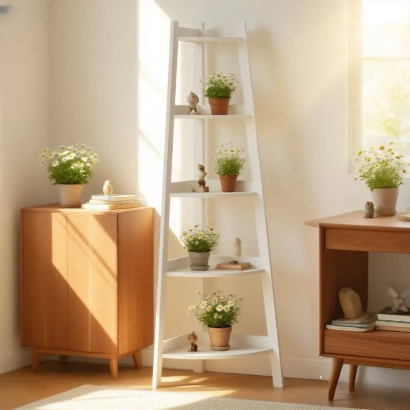 Soporte para plantas tipo escalera, estantería para plantas, balcón esquinero, interior, exterior, que ahorra espacio, moderno, nórdico, de madera y metal, muebles para macetas