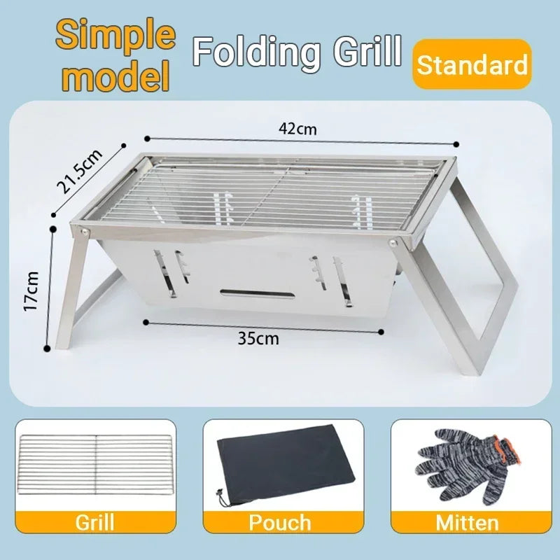 Barbacoa de carbón plegable de acero inoxidable para exteriores, pequeña barbacoa plegable de carbón para el hogar, brocheta, barbacoa