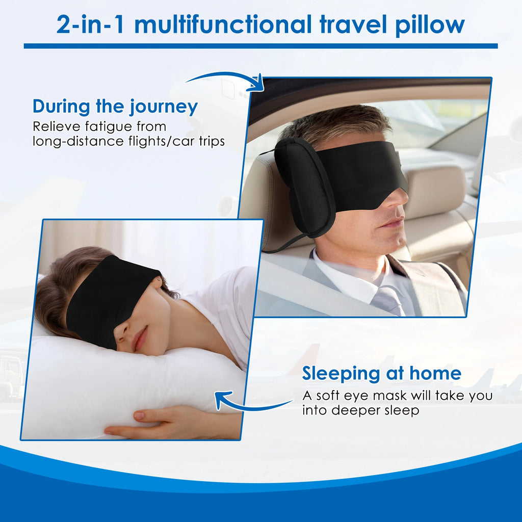 Almohada de viaje 2 en 1 de algodón, cómoda para el cuello y la cabeza, con antifaz y bolsa de almacenamiento. Almohada de avión con soporte de 360° para viajar.
