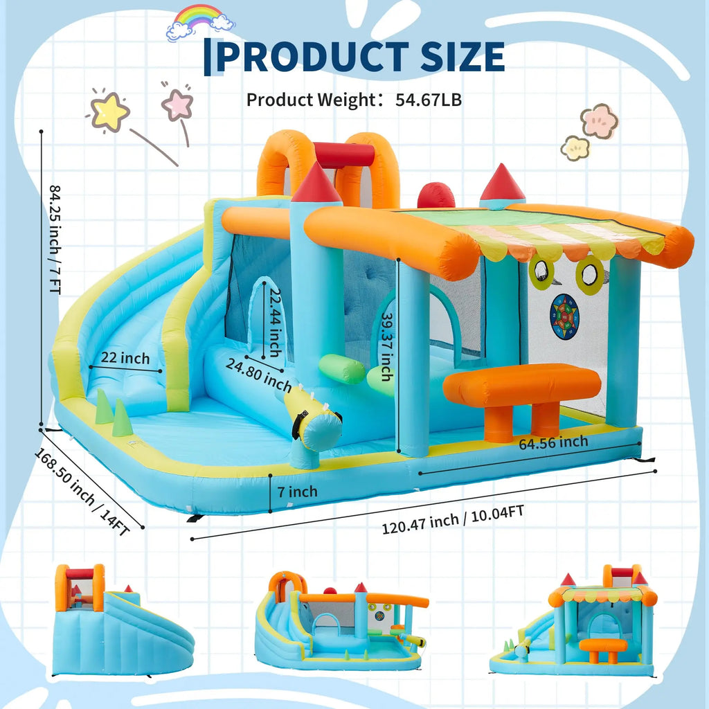 Castillo inflable de 14x10 pies, tobogán acuático húmedo y seco 12 en 1 con soplador de 450 W, castillo hinchable para niños para interior, exterior y jardín