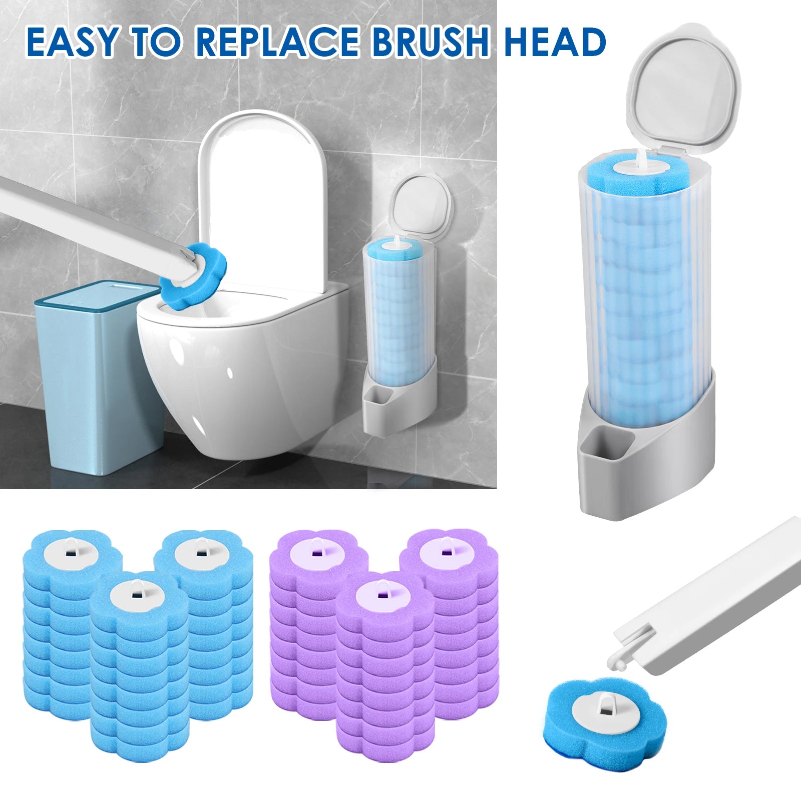 Kit de varita para inodoro, juego de escobilla de baño montado en la pared con 24 cabezales de repuesto, herramienta de limpieza efectiva para el baño 360° para el hogar