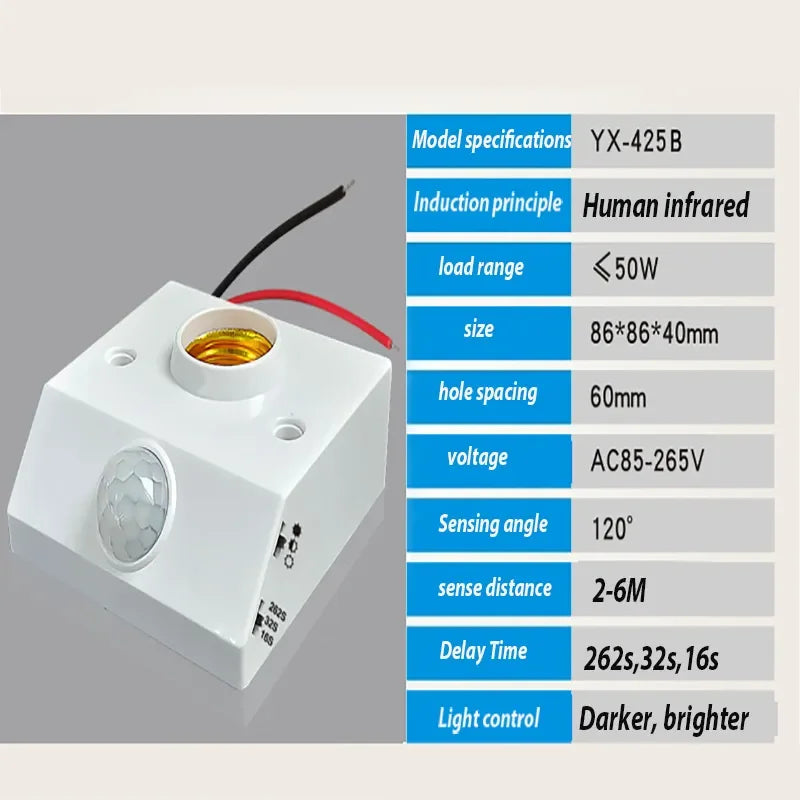 Portalámparas E27 inteligente 85V-265V 100W con Sensor de Movimiento PIR por Inducción Infrarroja y Control de Luz, Adaptador para Bombilla