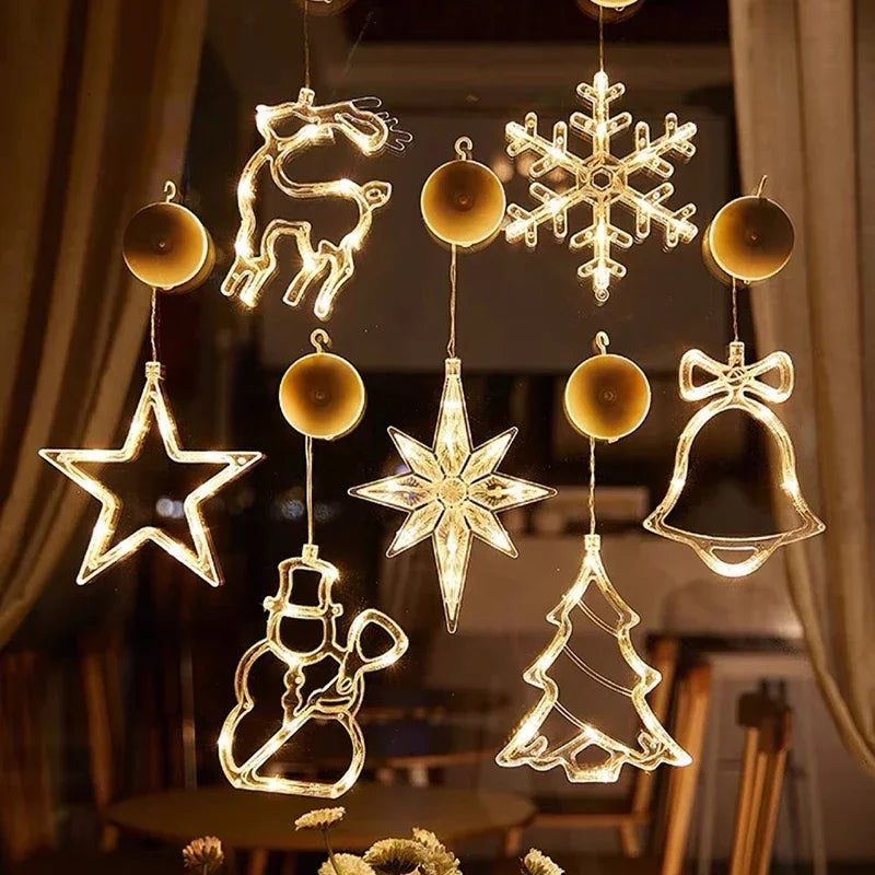 Luz LED de copo de nieve para Navidad, Papá Noel, lámpara de ventosa colgante, adornos de ventana, decoración para el hogar, Navidad, Año Nuevo, luces de cadena