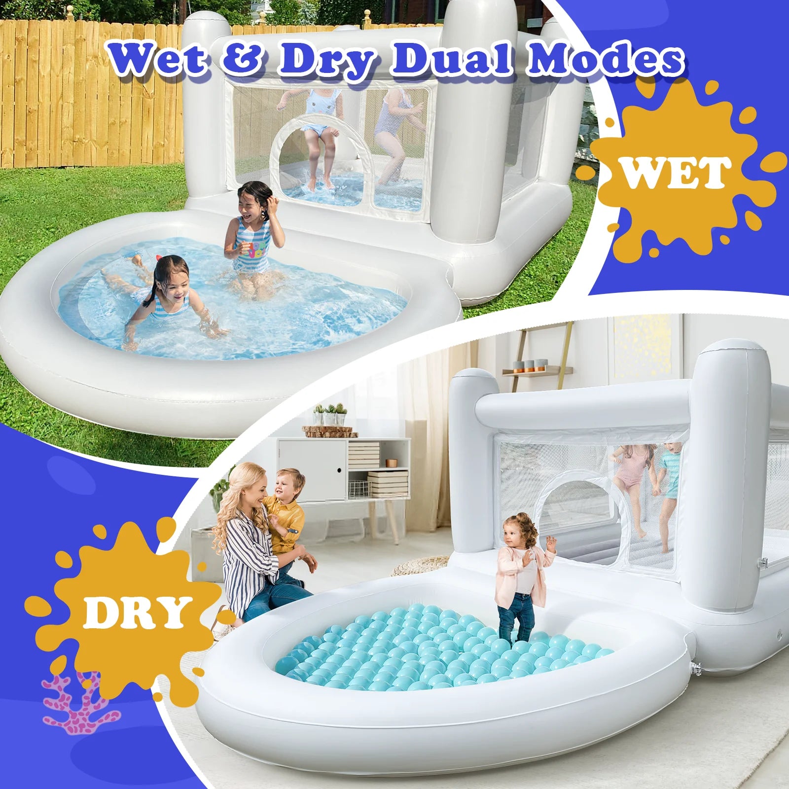 Castillo Hinchable Blanco Agotado con Bomba, Piscina de Bolas Hinchable para Niños de 3 a 6 Años, Casa de Juegos Interior o Exterior, Personalizable