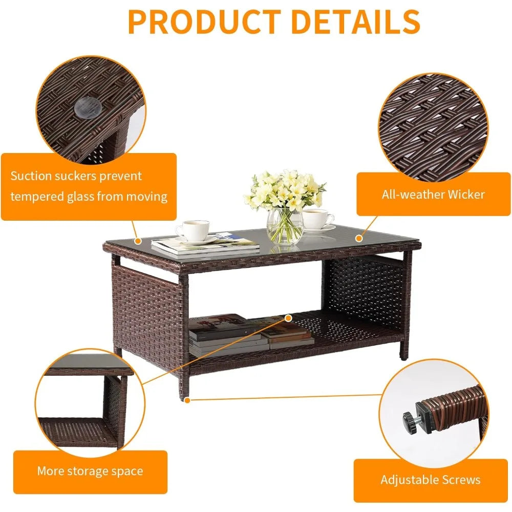 Mesa de centro de mimbre para exteriores, mesas de centro de patio para exteriores, mesa de mimbre con parte superior de vidrio templado con mesa de centro de almacenamiento para patio