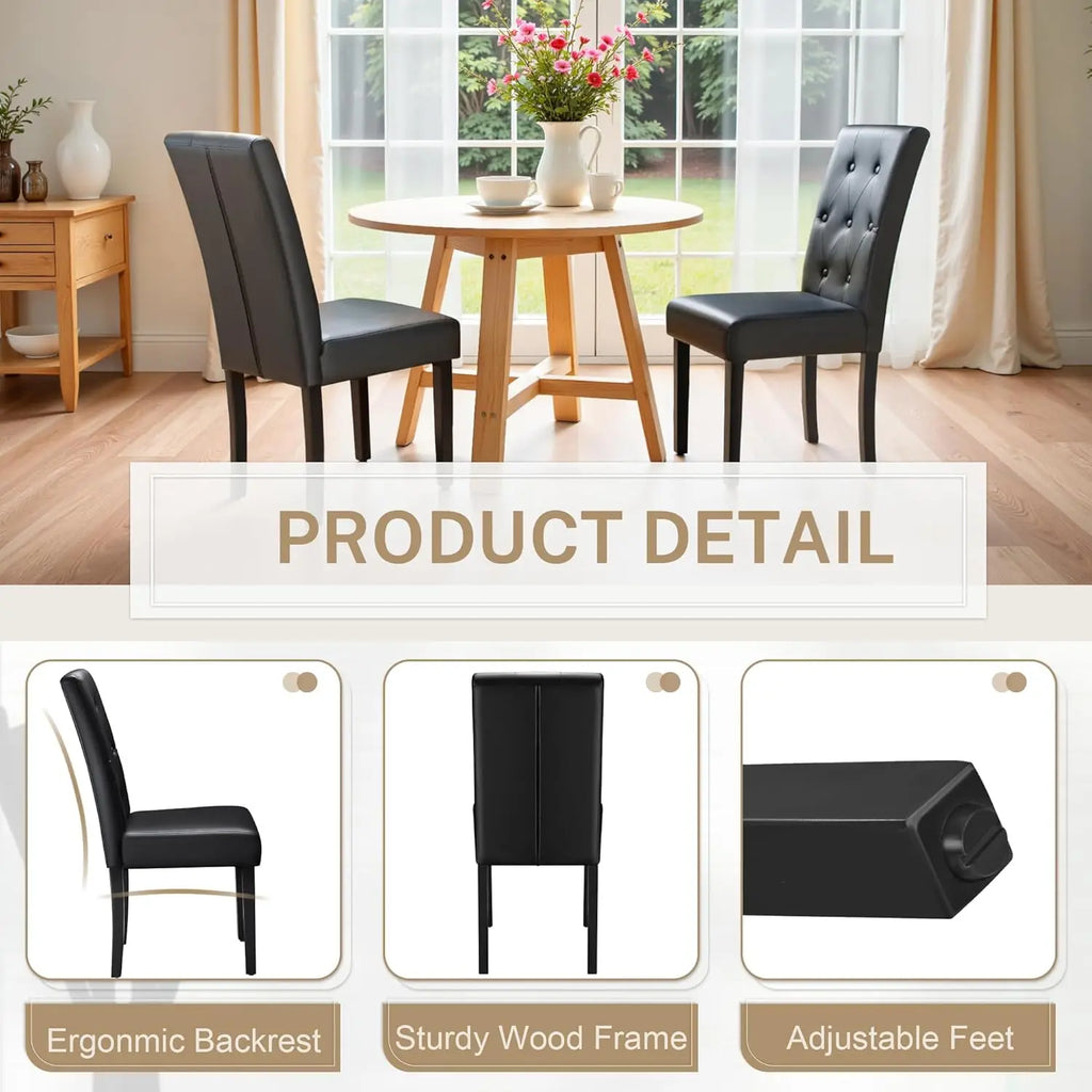 Juego de 4 sillas de comedor tapizadas, sillas de comedor de cuero sintético, sillas de cocina con botones y patas de madera ajustables