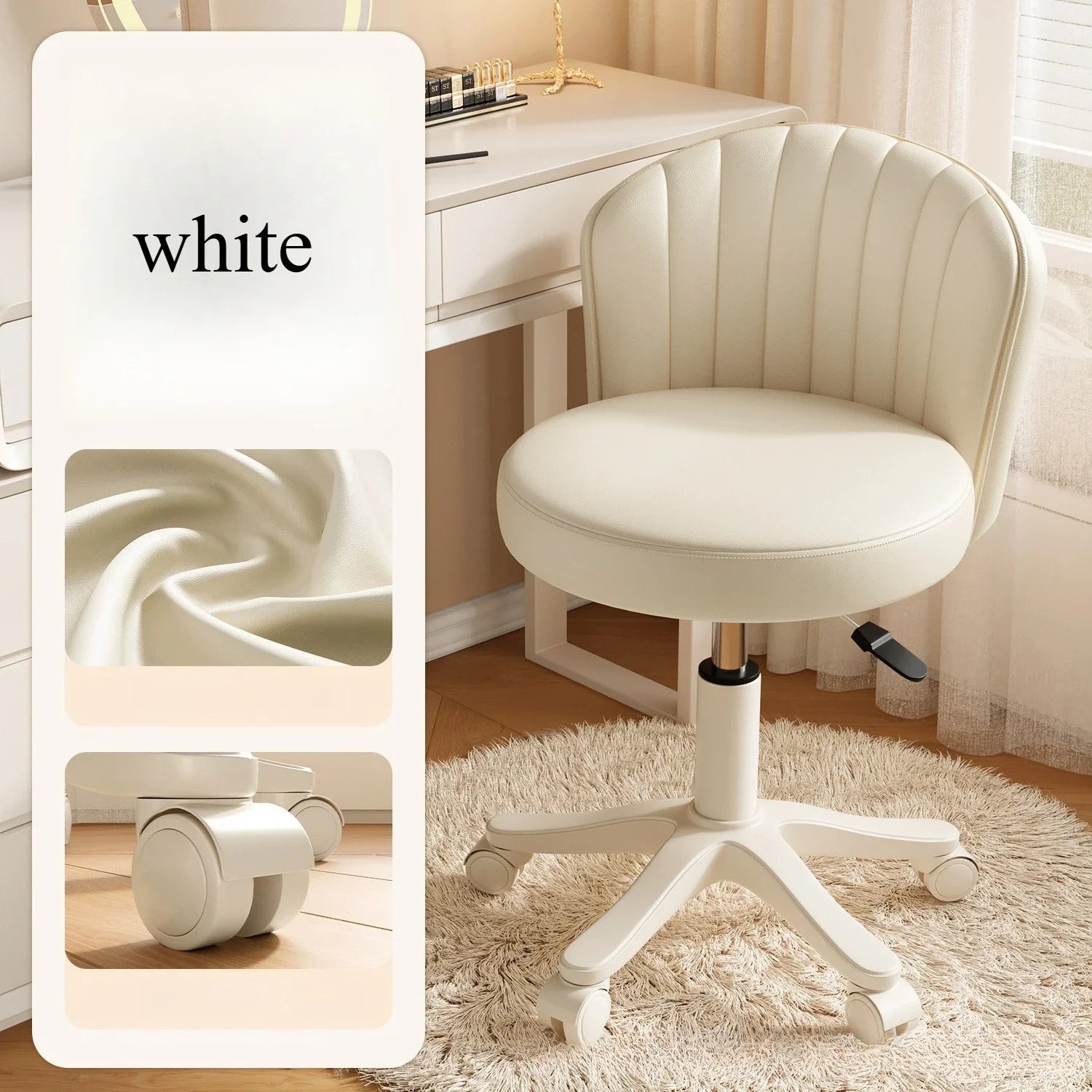 Silla giratoria 360° Taburete de maquillaje con altura ajustable Silla de tocador para dormitorio con ruedas Silla con respaldo Silla de tocador de cuero