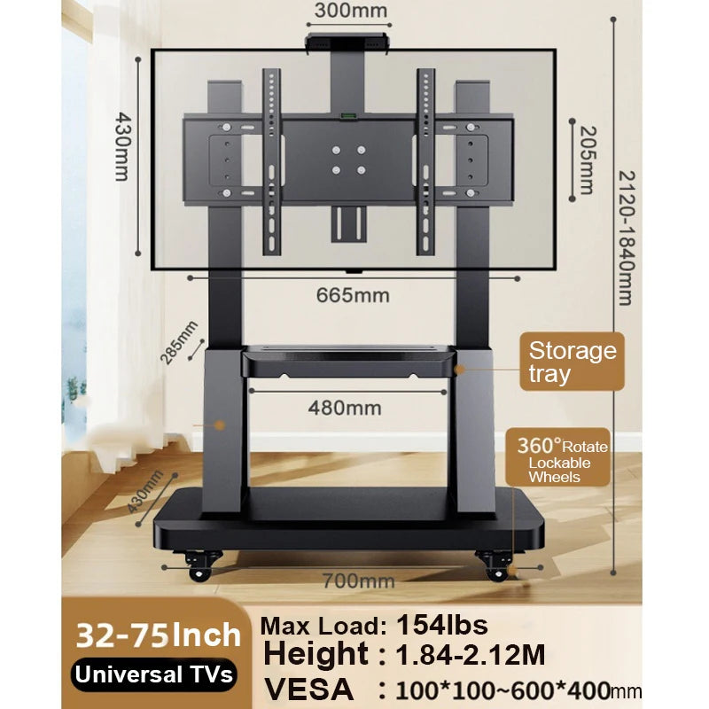 Soporte Móvil para TV de 32-75”, Carro de TV Inclinable Soporta hasta 154 Lbs Soporte Portátil con Estante de Almacenamiento con Ruedas VESA 600x400mm