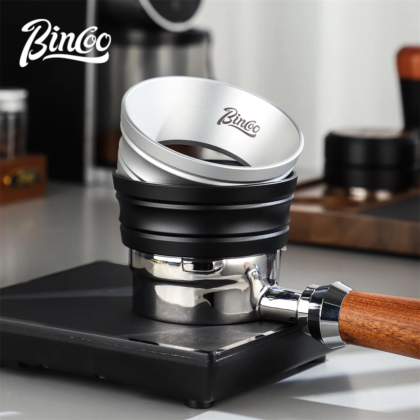 Anillo dosificador universal Bincoo para portafiltros, embudo de aluminio antiderrame de 3,2 cm con imanes potentes, compatible con asas de café de 51 mm y 58 mm