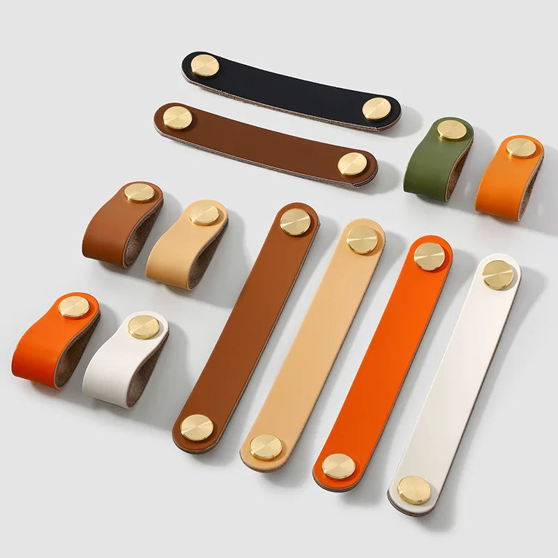 Tirador de Perilla para Cajón de Gabinete de Cuero y Latón Colorido, Herrajes Sólidos de Alta Resistencia para Muebles de Cocina, Baño y Dormitorio