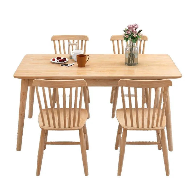 Juego de Mesa de Comedor Nórdica de Madera Maciza con 4 o 6 Sillas, Rectangular, Acabado de Madera Natural, Muebles para Apartamentos Pequeños, Cocinas y Comedores