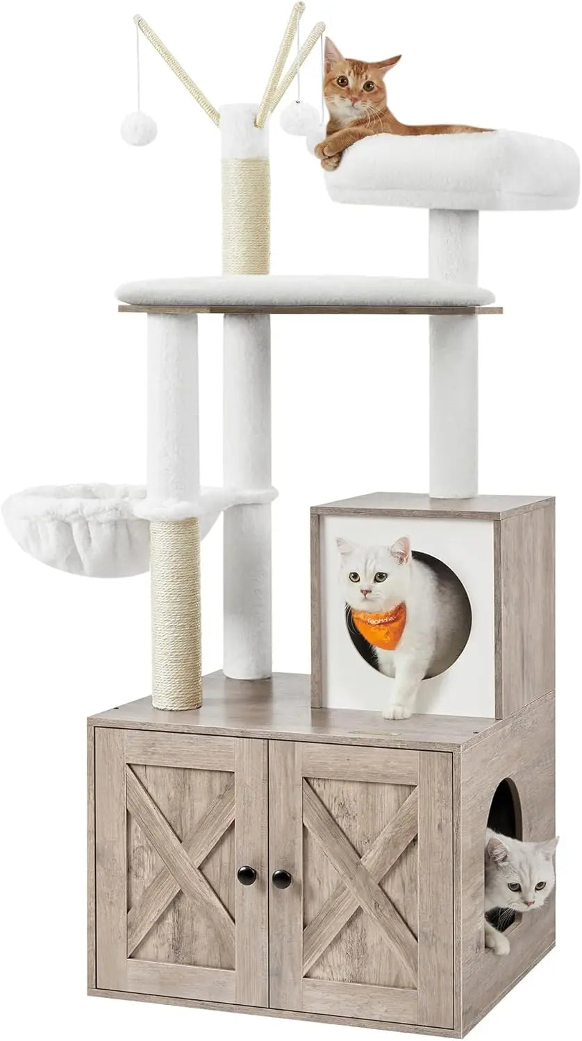 Árbol para gatos con arenero oculto, torre moderna para gatos de 59 pulgadas, condominio 2 en 1 con postes rascadores, cojín extraíble lavable