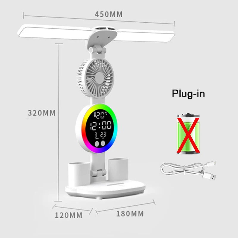 Lámpara de mesa LED recargable para estudio, luz de lectura, luz nocturna LED con ventilador, reloj LED, luz de escritorio de lectura