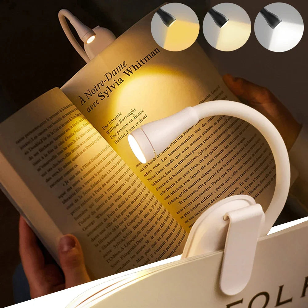 Mini lámpara de lectura LED de 3 colores con protección ocular, clip ajustable, giro de 360°, recargable, para viajes, dormitorio, lectura