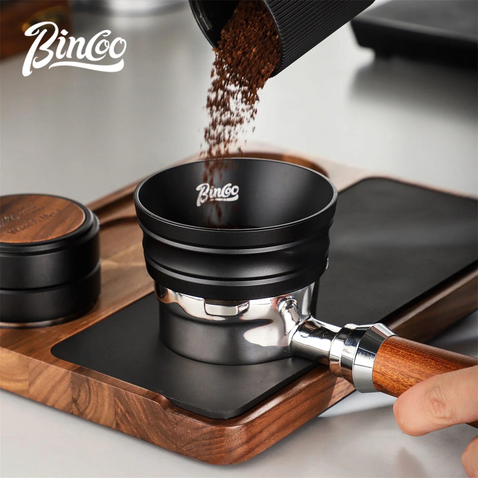 Anillo dosificador universal Bincoo para portafiltros, embudo de aluminio antiderrame de 3,2 cm con imanes potentes, compatible con asas de café de 51 mm y 58 mm