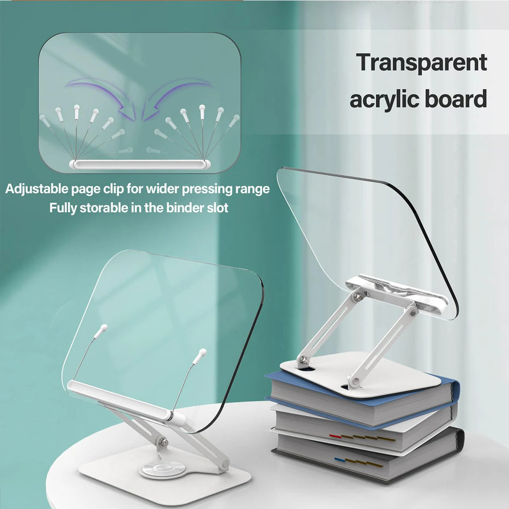 Acrylic Book Stand for Reading Adjustable Book Holder with 360° Rotating Base Elastic Page Clips Foldable Desktop Riser Stand