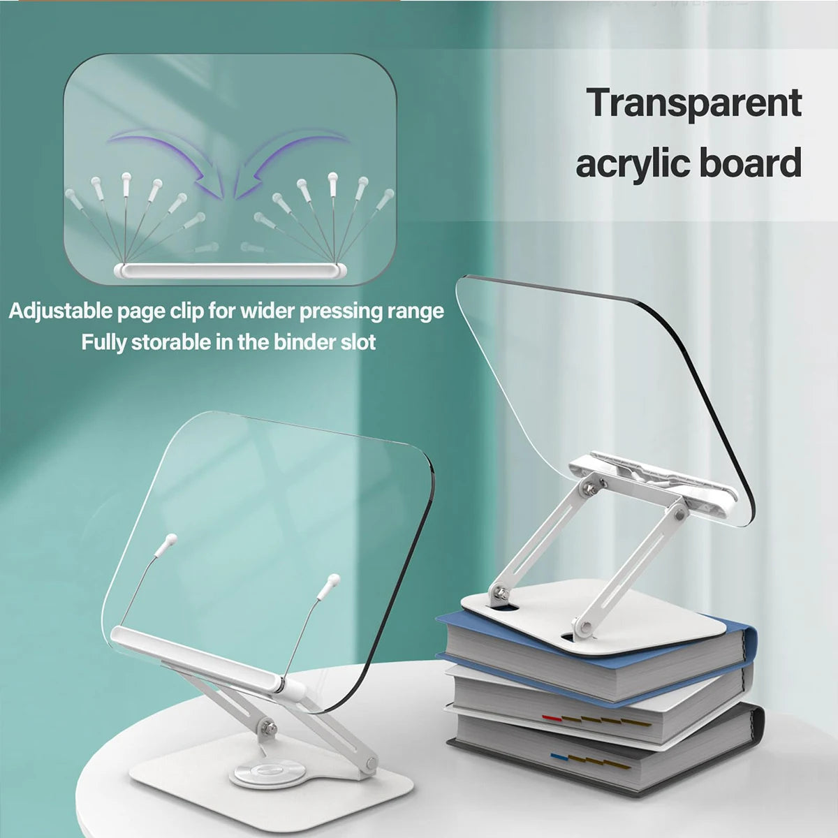 Soporte Portátil para Libros, Ángulo Ajustable, Sujetalibros para Libros de Texto Gruesos, Atril Plegable de Acrílico, Soporte Elevador de Escritorio