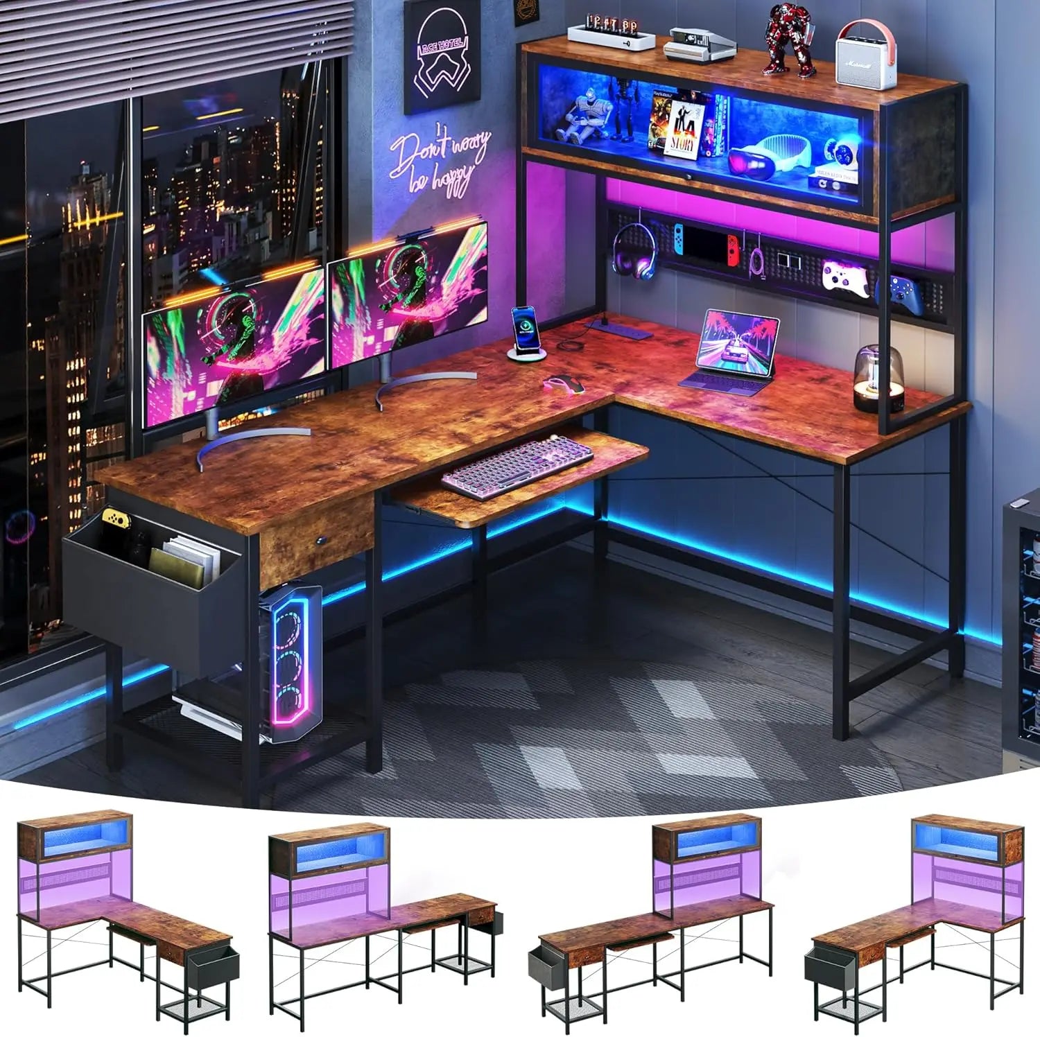 Escritorio para juegos en forma de L con tomas de corriente y luces LED, escritorio de computadora reversible de 49 pulgadas con estante superior, tablero perforado y vitrina