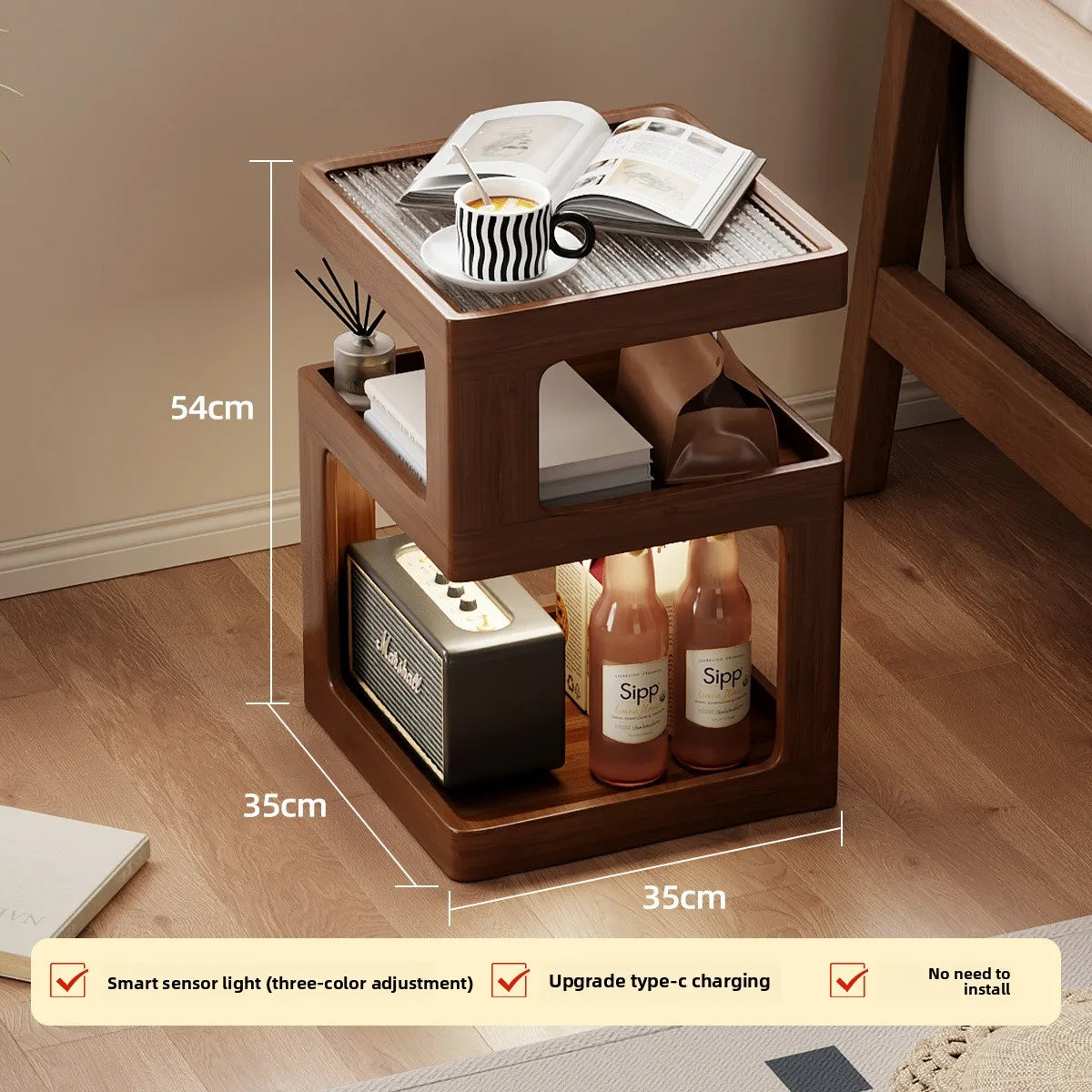 Mesita de noche de madera maciza, almacenamiento de mesita de noche para dormitorio, borde de sofá para el hogar