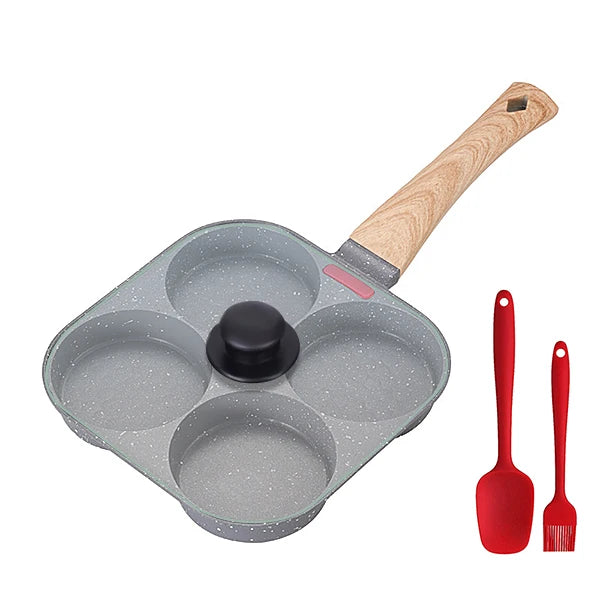 Sartén antiadherente de 4 cavidades para huevos con tapa abatible, panquequera/huevo de aluminio con espátula y brocha, sartén para cocinar hamburguesas y tortillas