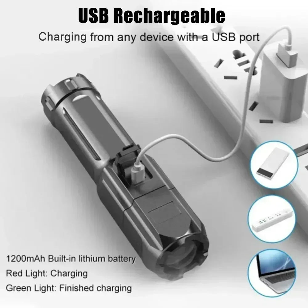 Linterna LED potente de 100000 lúmenes recargable USB 18650 impermeable con zoom para pesca, caza, linterna táctica de material ABS