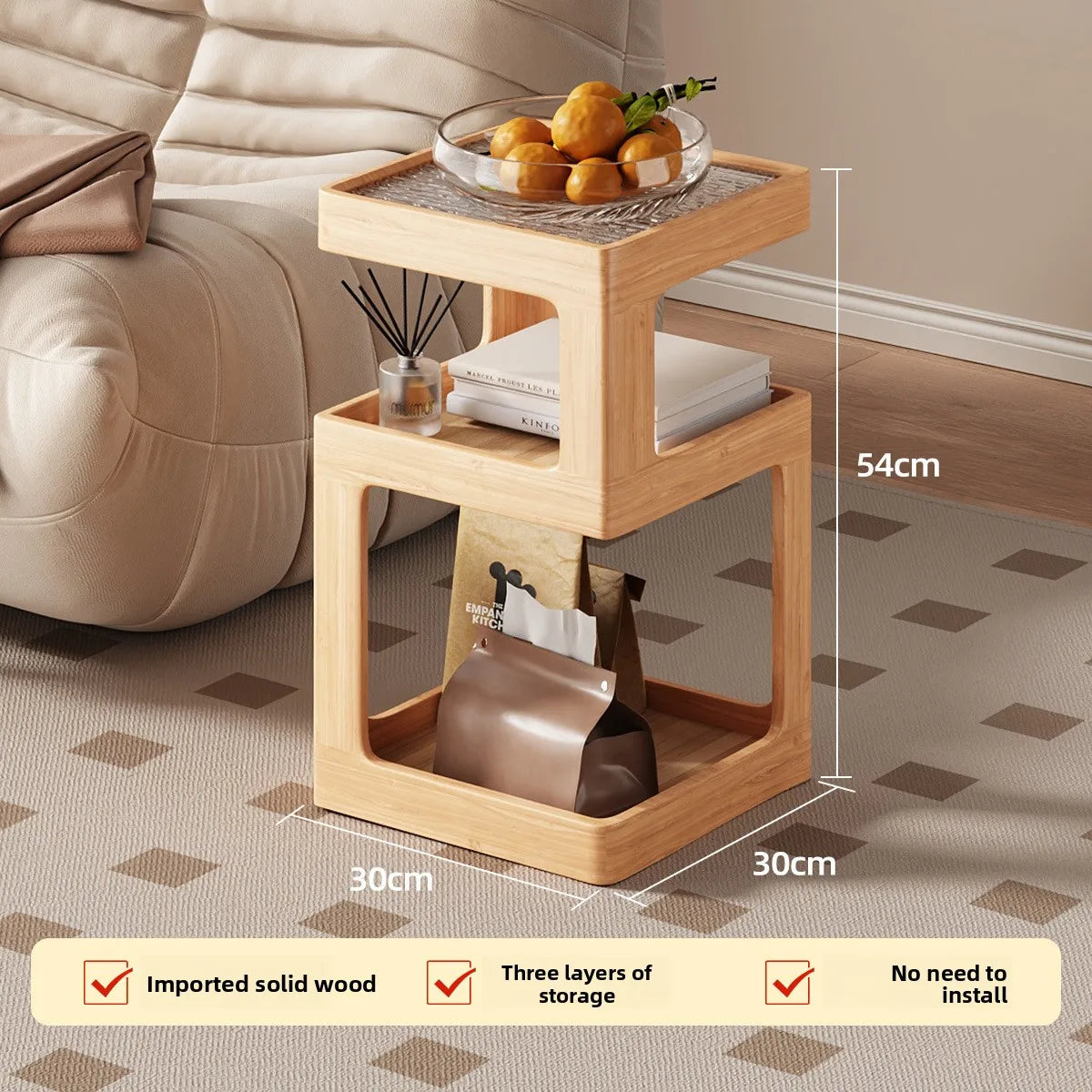 Mesita de noche de madera maciza, almacenamiento de mesita de noche para dormitorio, borde de sofá para el hogar