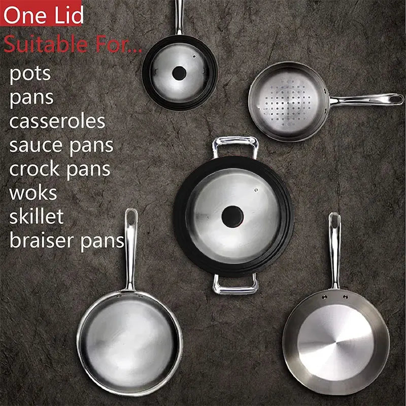 Tapa universal multi-tamaño para ollas, sartenes y utensilios de cocina. Tapa de vidrio templado para sartenes con borde de silicona. Tapa de repuesto para sartén.