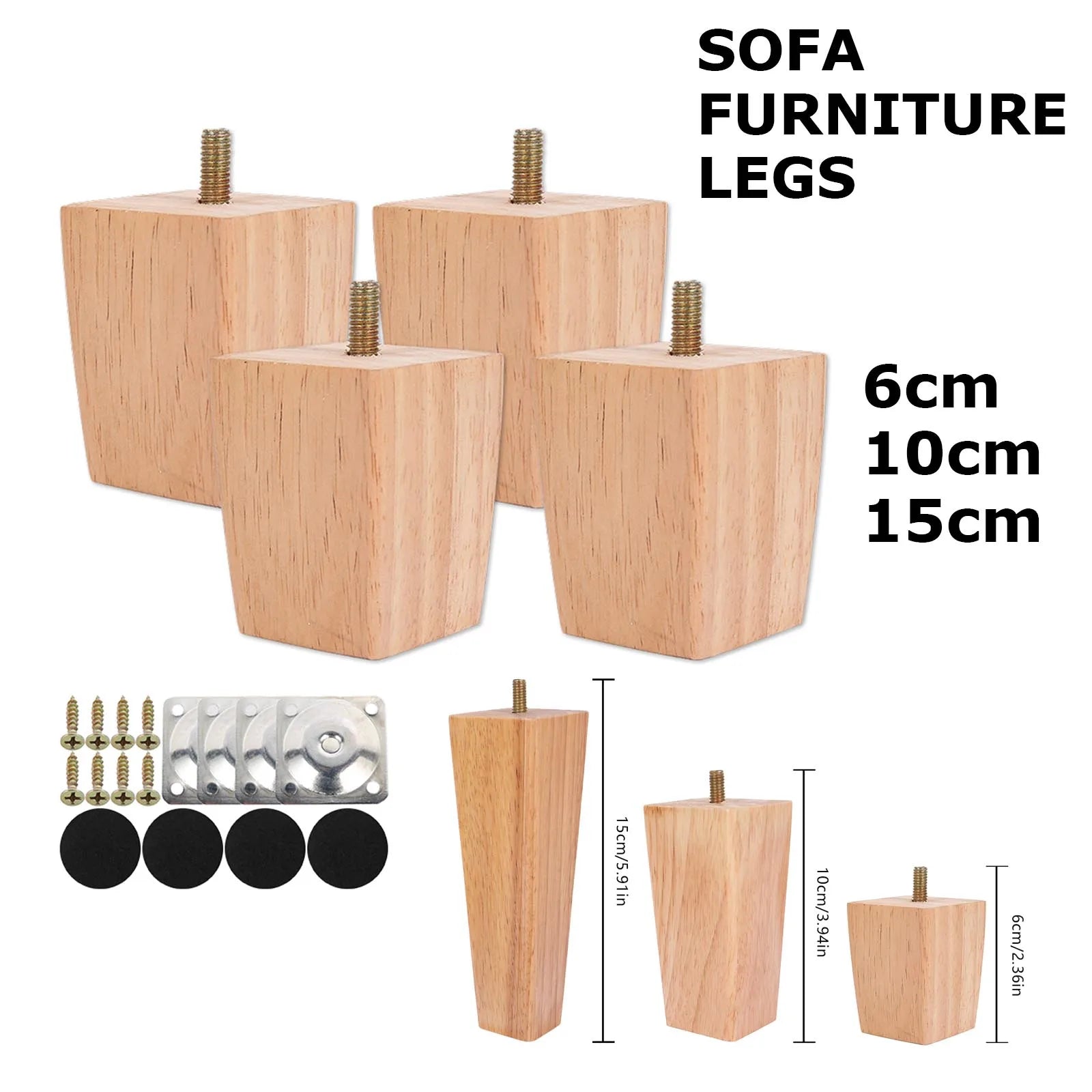 4 patas cuadradas para muebles de 6/10/15 cm, patas de muebles de madera maciza para cama, sofá, mesa, patas de repuesto para silla, sofá, armario