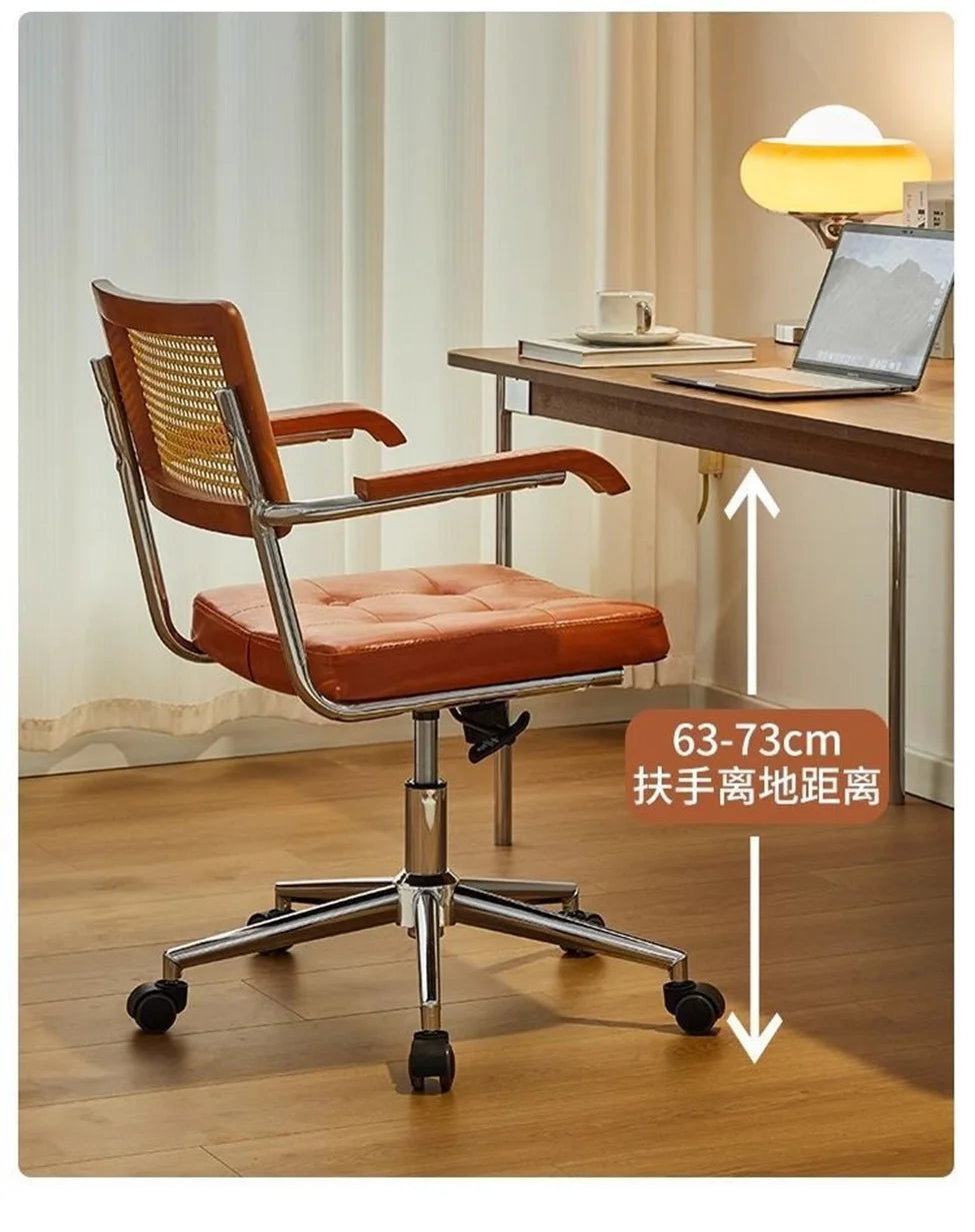 Silla de oficina de ratán de madera maciza, silla de ratán retro estilo celebridad de internet, silla de ordenador, silla giratoria elevable para el hogar, silla de estudio para estudiantes