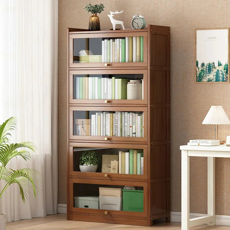 Estantería moderna de bambú con puertas abatibles, estantería de 4/5/6 niveles para sala de estar, dormitorio u oficina