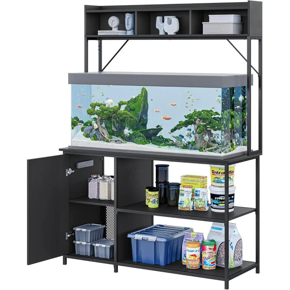 Mueble de 208-340 litros para acuario con luces LED, gabinete estriado para guardar accesorios de pecera, metal de alta resistencia y tomas de corriente