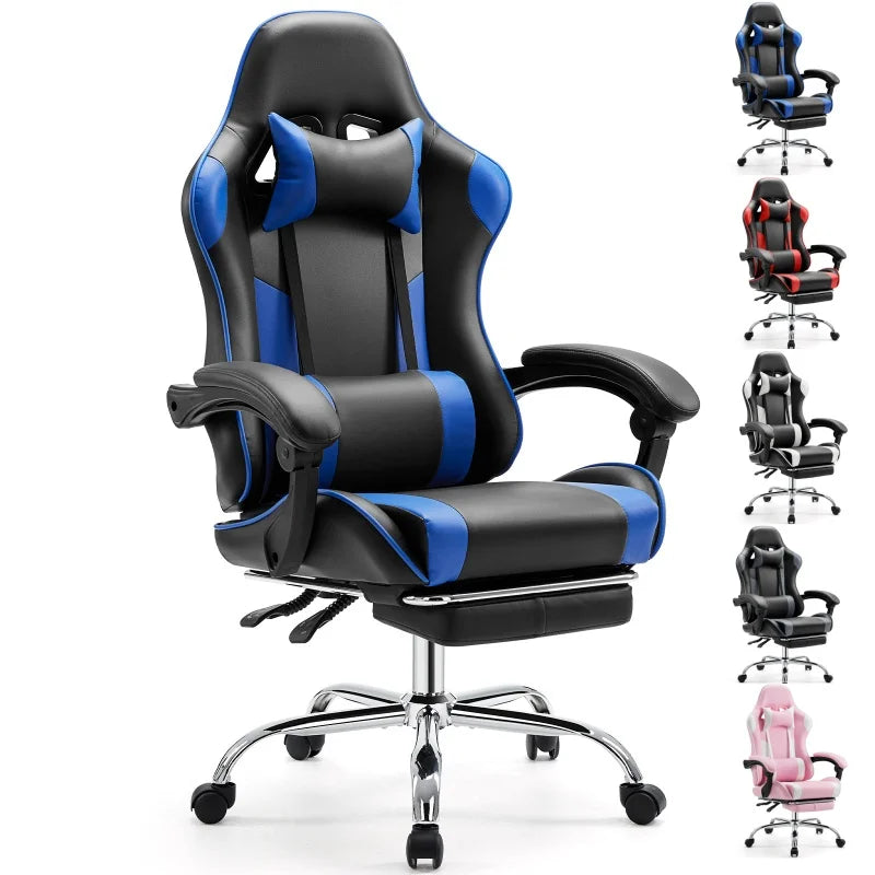 Silla de carreras ergonómica JHK para juegos, giratoria, ajustable, de cuero PU, con reposacabezas y soporte lumbar para oficina, computadora, sala de estar