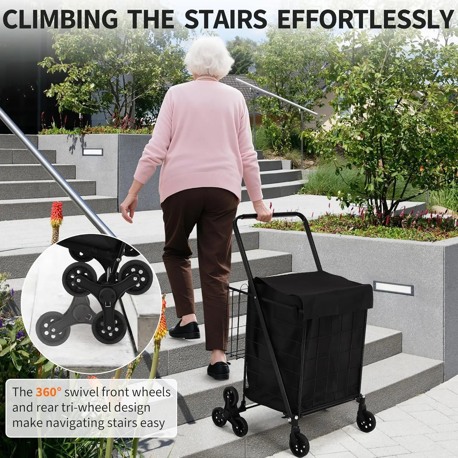 Carro utilitario plegable portátil para subir escaleras, carrito de compras con ruedas traseras triples y ruedas giratorias 360° para compras