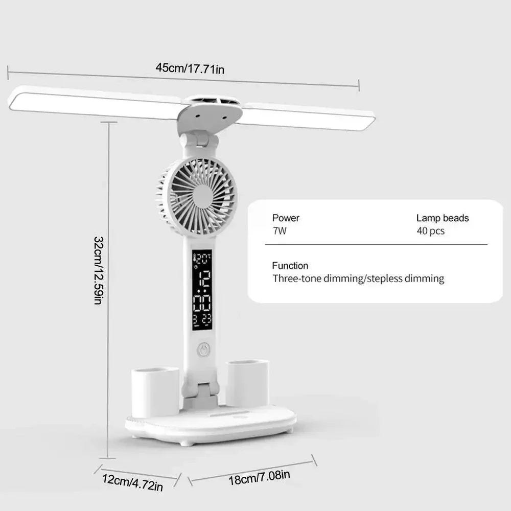 Lámpara de escritorio LED, ventilador portátil plegable, lámpara con reloj de pantalla inteligente, lámpara de escritorio recargable por USB, luz de escritorio para lectura y estudio con protección ocular.